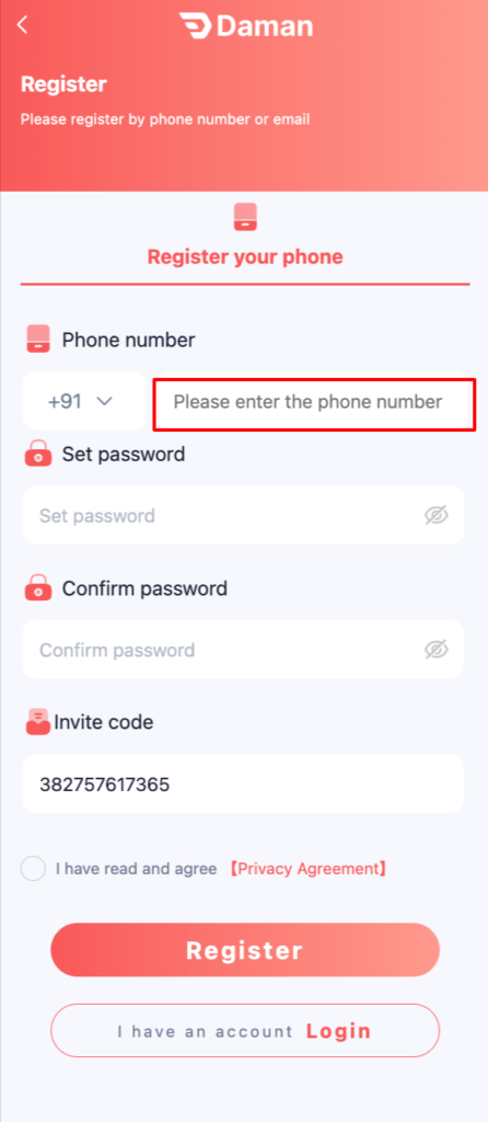 Enter Phone number in Daman to register